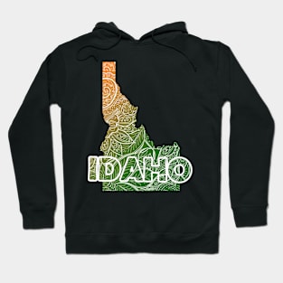 Colorful mandala art map of Idaho with text in green and orange Hoodie